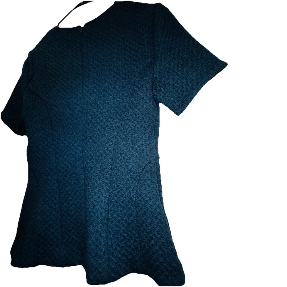 Ann Taylor Geo Jacquard Peplum Top Blue/Teal Textured Knit XS V neck zipper chic